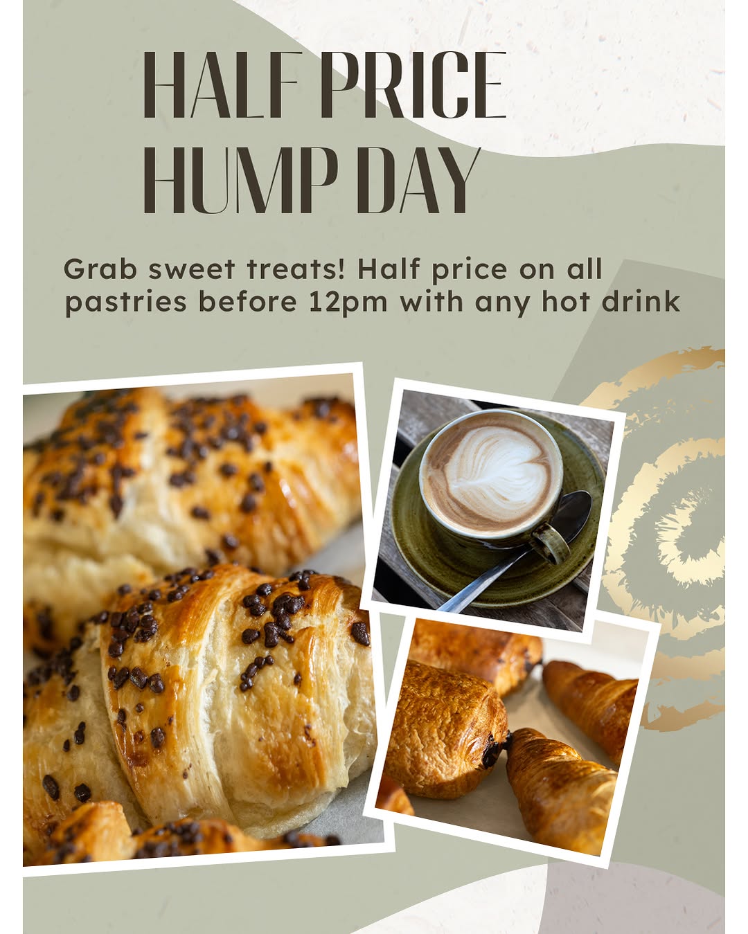 Chocolate-chip croissants and a sage-green latte cup on the counter