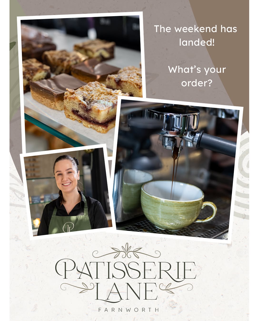 A Patisserie Lane staff member smiling beside an espresso machine, with the brand wordmark below
